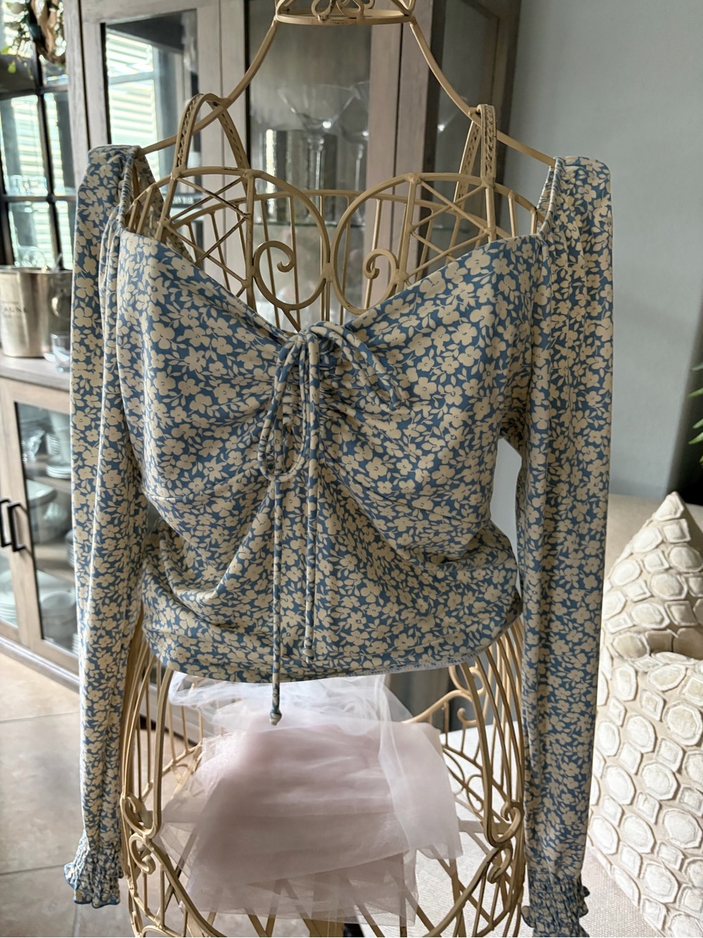 Floral Drawstring Long-Sleeve Top in Blue and Cream